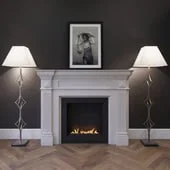 Fireplace marble with a biofireplace, floor lamps and a picture